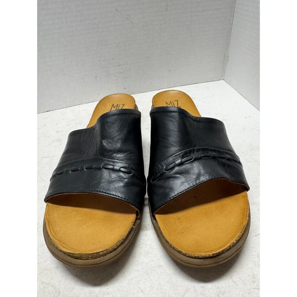Miz Mooz Mae Black Leather Whipstitch Slide Sandals Portugal Size 39 8.5